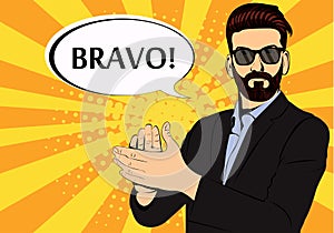 Hipster beard businessman applause pop art illustration