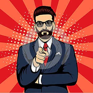 Hipster beard businessman pointing finger pop art retro vector illustration