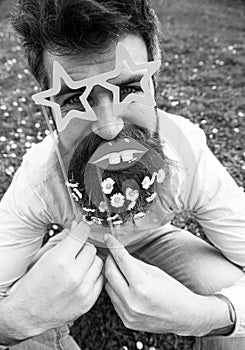 Hipster with beard on cheerful face, posing with star shaped glasses and lips. Guy looks nicely with daisy flowers in