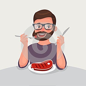 Hipster beard man is eating a meat. Meat eating concept of unhealthy nutrition and lifestyle.