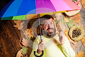 Hipster with beard mustache expect rainy weather hold umbrella enjoy season. Rainy weather forecast concept. Fall