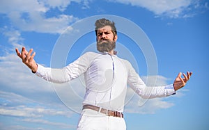 Hipster beard and mustache looks attractive white shirt. Guy enjoy top achievement. Superiority and power. Man bearded
