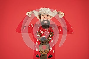 Hipster bearded man wear christmas jumper and hat. Christmas tradition. Christmas spirit and vibe. Be quick to get final