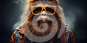 Hipster Bigfoot portrait dressed in clothing. Conceptual liberal Sasquatch disguised in human clothes