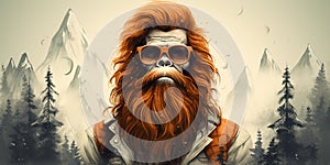 Hipster Bigfoot portrait dressed in clothing. Conceptual liberal Sasquatch disguised in human clothes