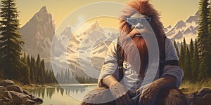 Hipster Bigfoot portrait dressed in clothing. Conceptual liberal Sasquatch disguised in human clothes