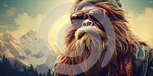 Hipster Bigfoot portrait dressed in clothing. Conceptual liberal Sasquatch disguised in human clothes