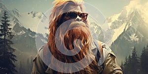 Hipster Bigfoot portrait dressed in clothing. Conceptual liberal Sasquatch disguised in human clothes photo