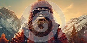 Hipster Bigfoot portrait dressed in clothing. Conceptual liberal Sasquatch disguised in human clothes photo