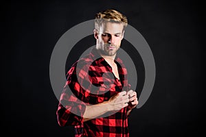 Hipster black background. Exhibit masculine traits. Standards of manliness or masculinity. Manliness concept. Barbershop photo