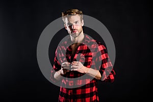 Hipster black background. Meaning of modern manliness. Handsome well groomed man. Exhibit masculine traits. Standards of photo