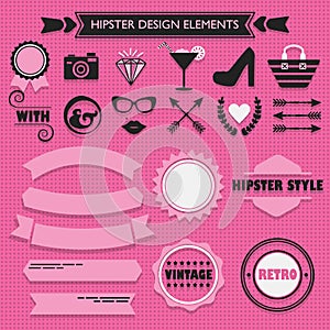 Hipster black and pink feminine design elements set