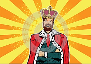 Hipster Business king. Businessman with beard and crown pop art illustration. Leader concept