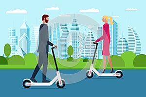 Hipster business man and woman riding electric scooters in future city park. Eco transport in town and having tour