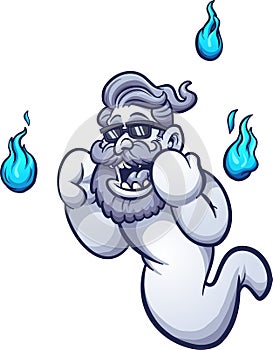 Hipster cartoon ghost with blue flames, yelling