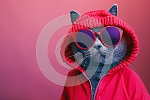 Hipster Cat in Knit Cap and Red Sunglasses