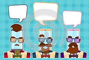 Hipster Cell Smart Phone Group With Chat Bubble Glasses, Mustache, Beard Retro Style