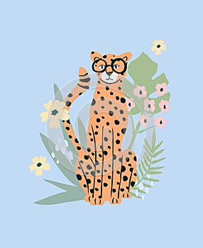 Hipster cheetah background with flowers and palm leaves.