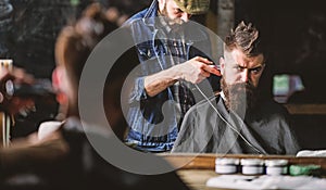 Hipster client getting haircut. Barber with clipper trimming hair on nape of client. Hipster hairstyle concept. Barber