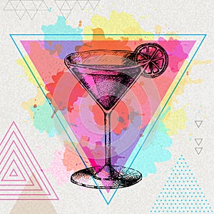 Hipster cocktail cosmopolitan illustration on artistic watercolor background