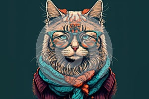 Hipster cool cat portrait with eyeglasses. Perfect for mugs, t-shirts, banner.