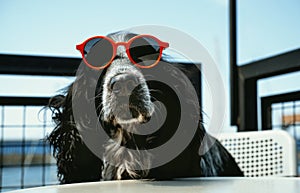 Hipster cool dog wearing red sunglasses and sitting at cafe table. Happy dog. Summer card