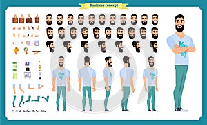 Hipster creation kit. Set of flat male cartoon character body parts, hairstyles, trendy clothing,