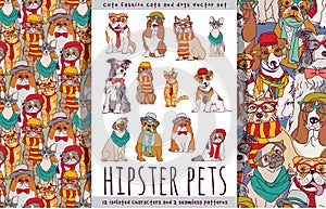 Hipster cute pets cats and dogs set.