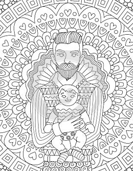 Hipster daddy carrying his chile design for card,invitation and adult coloring book page