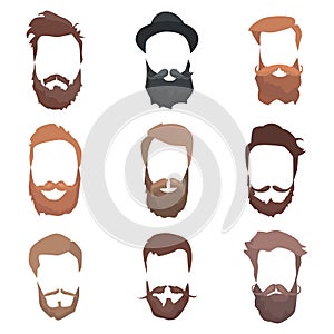 Hipster detailed hair and beards set. Fashion bearded man. Long beard with facial. Vector isolated on white background