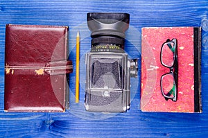 hipster equipment on blue background