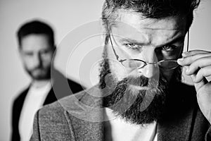 Hipster eyeglasses. Man handsome bearded hipster wear eyeglasses. Eye health and sight. Optics and vision concept