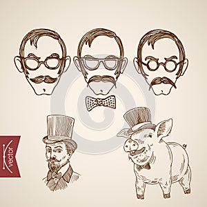 Hipster faces mustache pig engraving lineart vector vintage