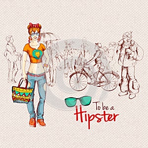 Hipster fashion trendy urban girl sketch character with people crowd background illustration