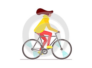 Hipster female riding bike. Young woman cyclist isolated on white background. Stylish girl on bicycle flat vector