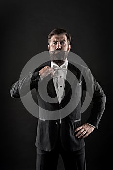 Hipster formal suit tuxedo. Difference between vintage and classic. Official event dress code. Classic style. Menswear