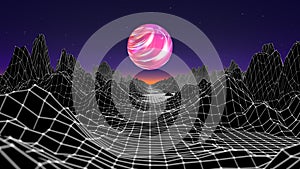 Hipster game from 80`s cyber futuristic illustration. Digital oldschool game landscape wave image with moon and space