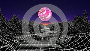 Hipster game from 80`s cyber futuristic motion graphics. Digital oldschool game landscape wave animation with moon and