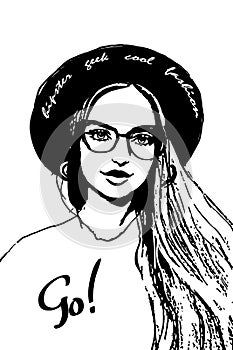 Hipster geek girl face fashion woman portrait t shirt print design hand drawn with text field for sign , vector beautiful illustra