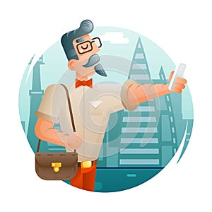 Hipster Geek Mobile Phone Selfie Businessman Cartoon Character Icon City Background Flat Design Vector Illustration