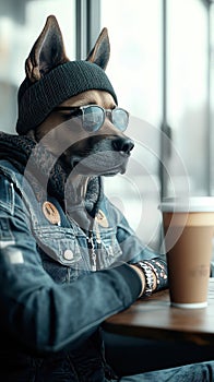 German Shepherd Dog in Beanie and Sunglasses Holding Coffee in Modern CafÃ© photo