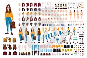 Hipster girl creation kit. Set of flat female cartoon character body parts, facial gestures, hairstyles, trendy clothing