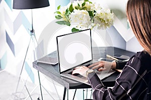 Hipster girl freelance social media content writer keyboarding on modern portable net-book with blank copy space screen