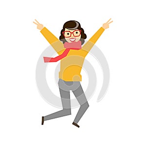 Hipster Girl In Glasses ,Sweater And Scarf Dancing, Part Of Funny Drunk People Having Fun At The Party Series