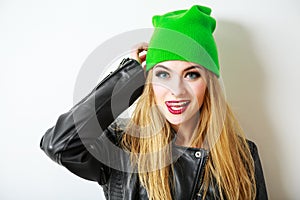 Hipster Girl in Green Beanie Hat on White