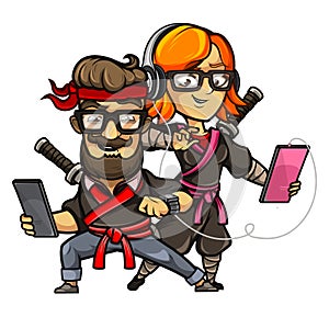 Hipster girl and guy in a ninja costume