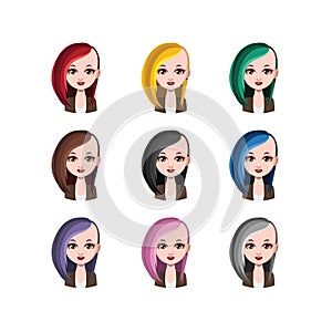 Hipster girl with long hair - 9 different hair colors