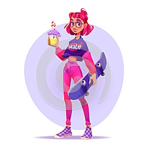 Hipster girl stand character with smoothy, skate