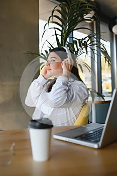 Hipster Girl use Laptop huge Loft Studio.Student Researching Process Work.Young Business Woman Working Creative Startup