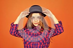Hipster girl wear retro hat. stylish kid looking retro. checkered fashion for teen. happy childhood concept. small girl